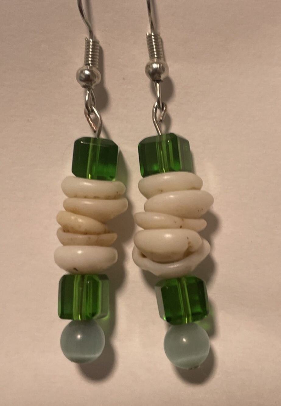 Hawaiian Handmade Green bead Puka shells Dangly Earring Set 2”